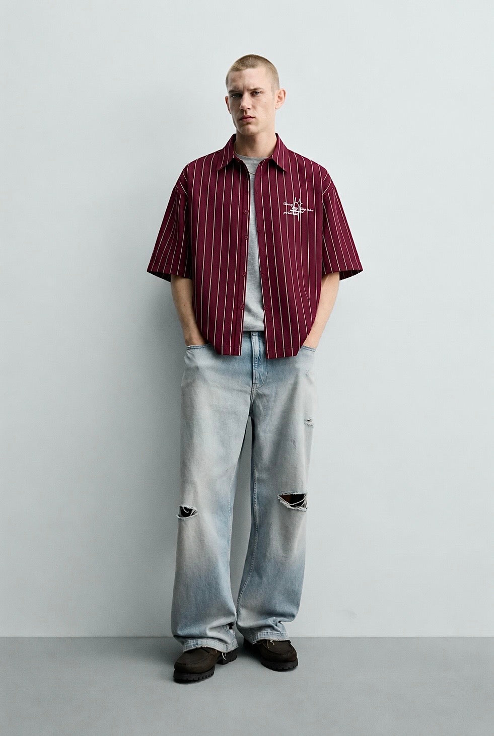 Burgundy Striped Linen boxy shirt