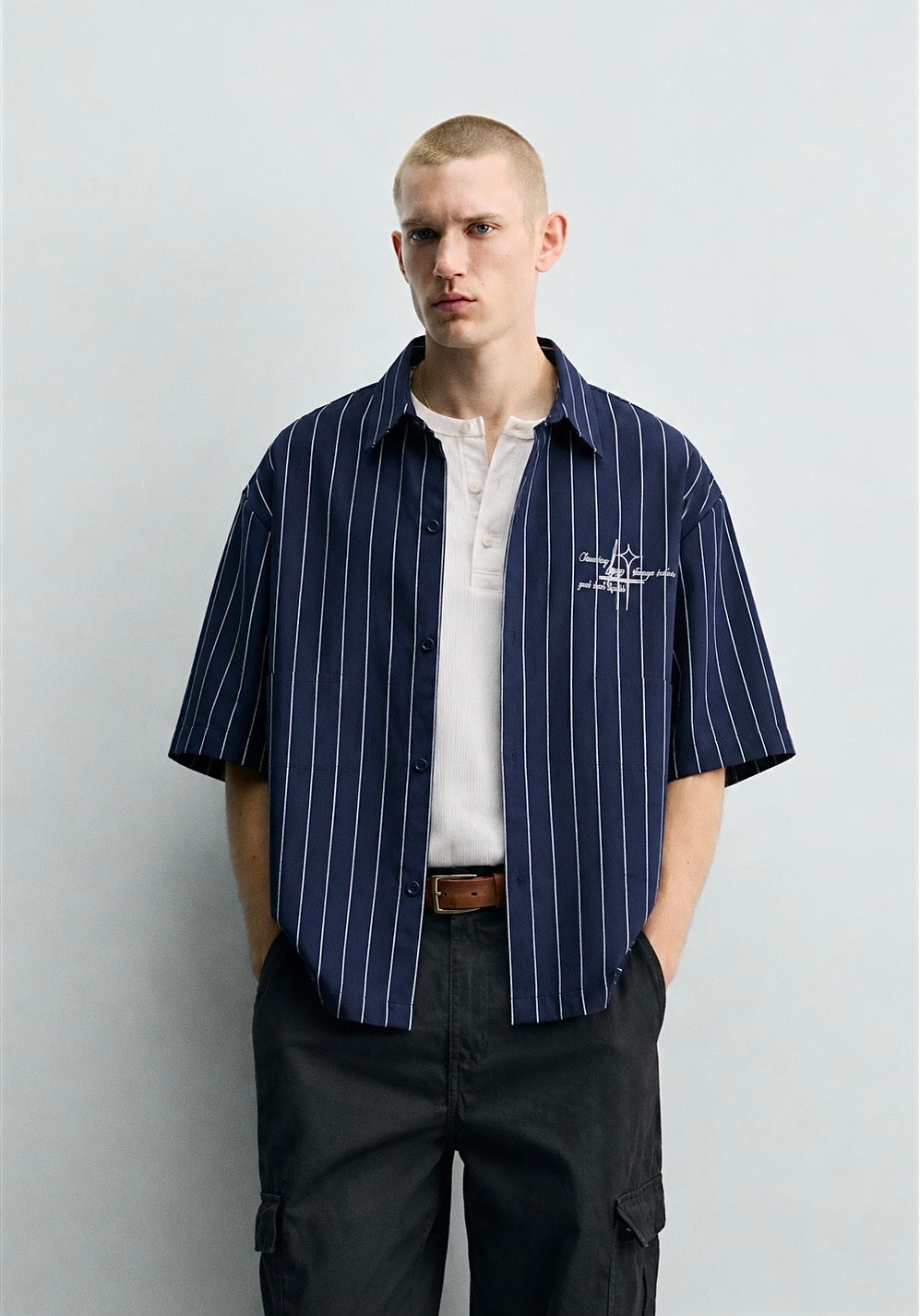 Dark blue Striped linen boxy shirt