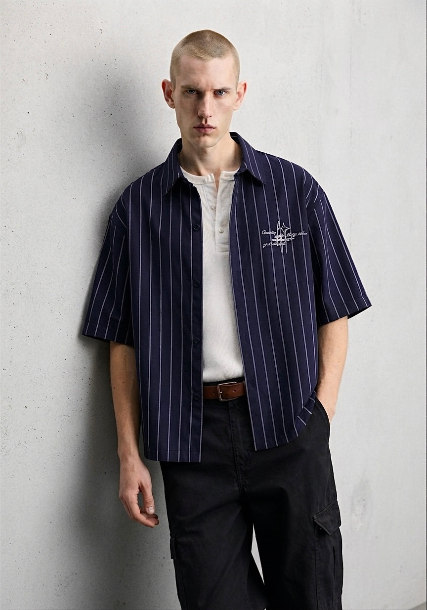 Dark blue Striped linen boxy shirt